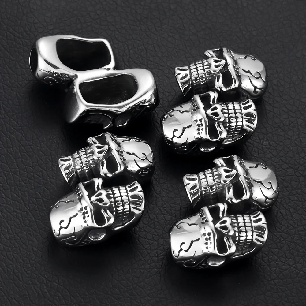 Stainless Steel Double Skull Connector Blacken Fit 6mm Leather DIY Punk Charms Bracelet Findings Jewelry Making Parts Supplies