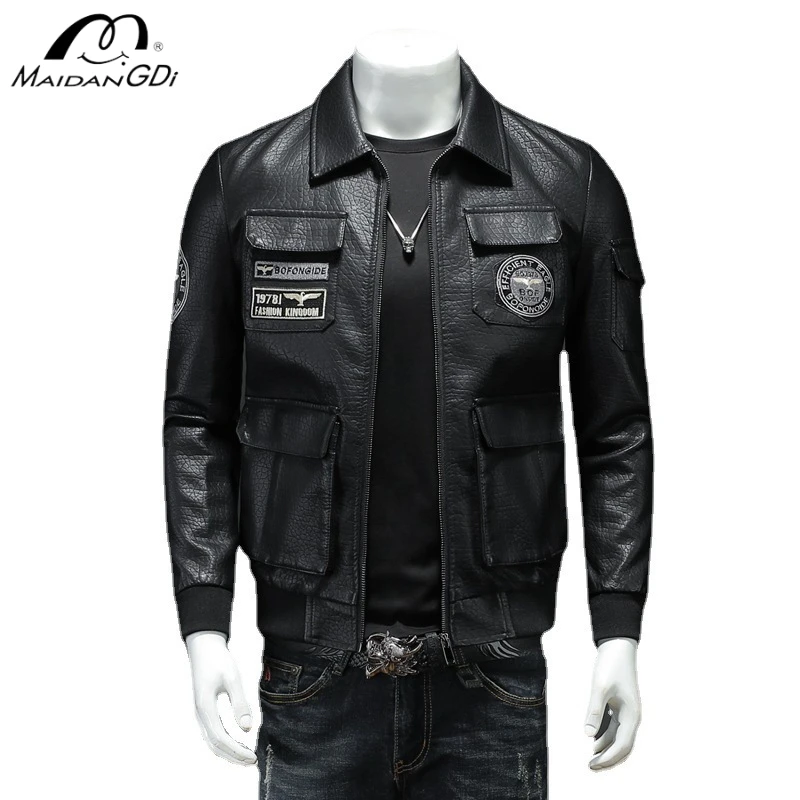 MaiDangDi Men's Jacket Casual Leather Jacket Men's Motorcycle Slim Fit Korean Style Lapel Men's PU Leather Jacket