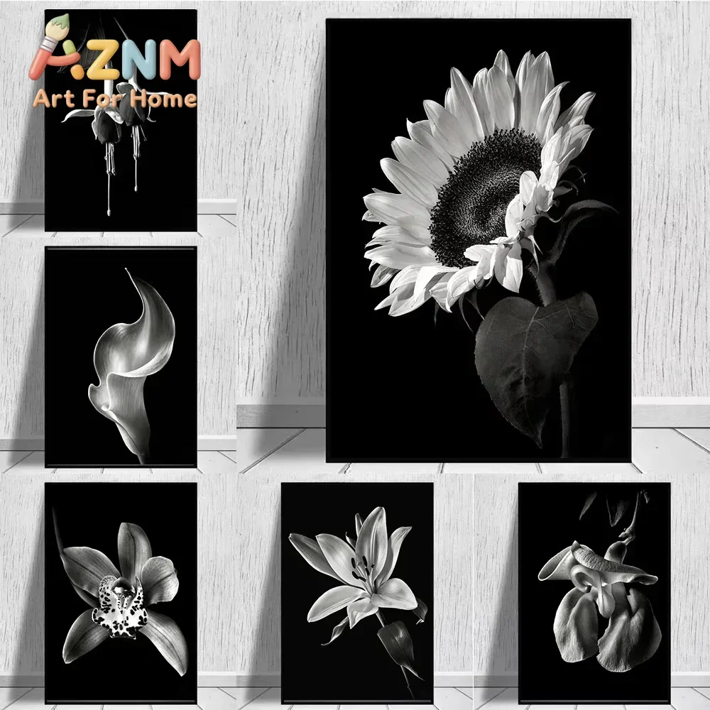 Black And White Flowers Sunflower Lily Prints Poster Canvas Painting Modern Wall Art Pictures For Living Room Bedroom Home De