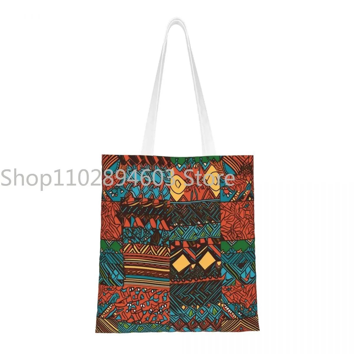 

Bright African Canvas Tote Bag Aesthetic Large Capacity Geometric Ankara Trend Bag for Unisex