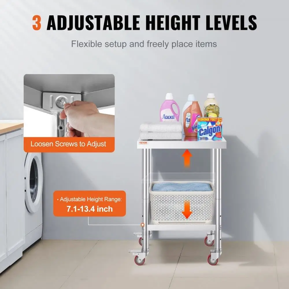 24x18x34 Inch Stainless Steel Work Table 3 Stage Adjustable Shelf 4 Wheels Heavy Duty Commercial  Prep Worktable with Brake