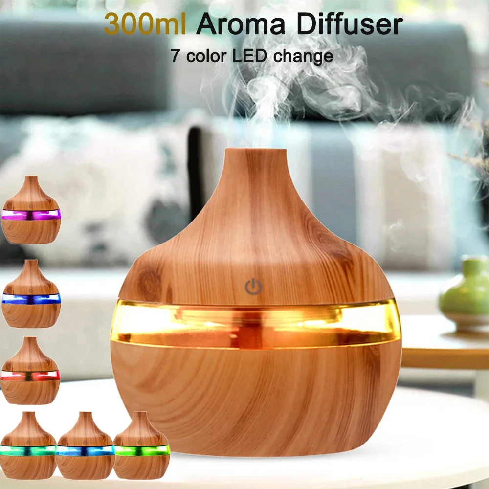 Essential Aroma Oil Diffuser Ultrasonic Wood Grain LED Light Room Air Humidifier