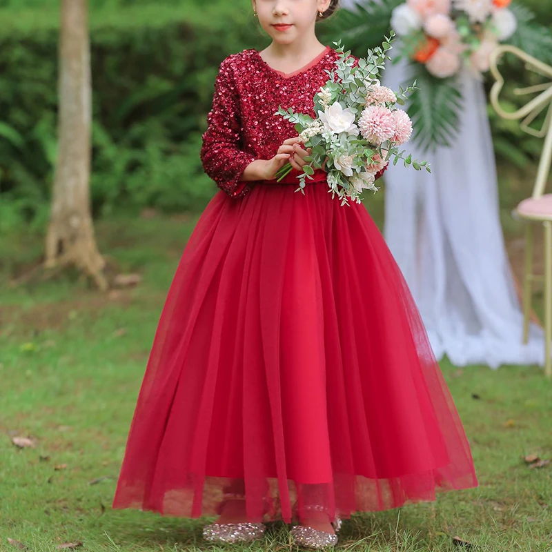 

Children's dress, princess dress, girls' birthday evening dress, long sleeved sequin puffy dress, flower girl wedding dress, pia