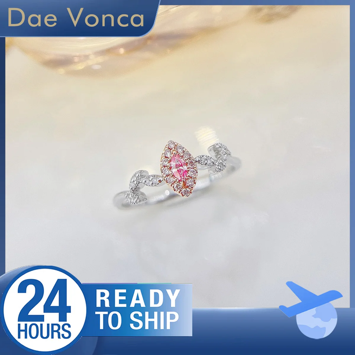Center Pink Marquise Natural Diamond Ring 18K White Gold Leaf Shaped Shank Total about 0.16ct Natural Diamond Ring For Wife