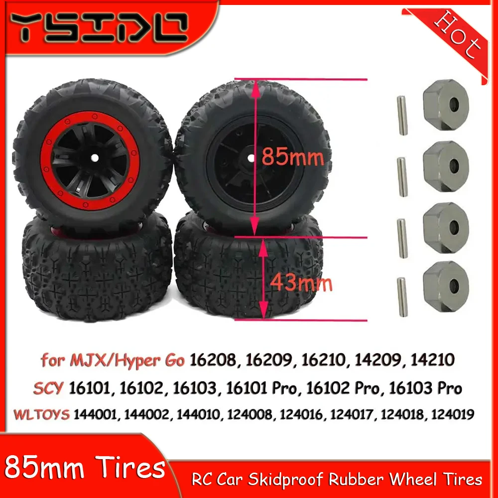 RC Car Tires 85mm Skidproof Rubber Wheel Tires for SCY 16101 16102 16103 Pro MJX Hyper Go 14210 16210 1/14 1/16 RC Monster Truck