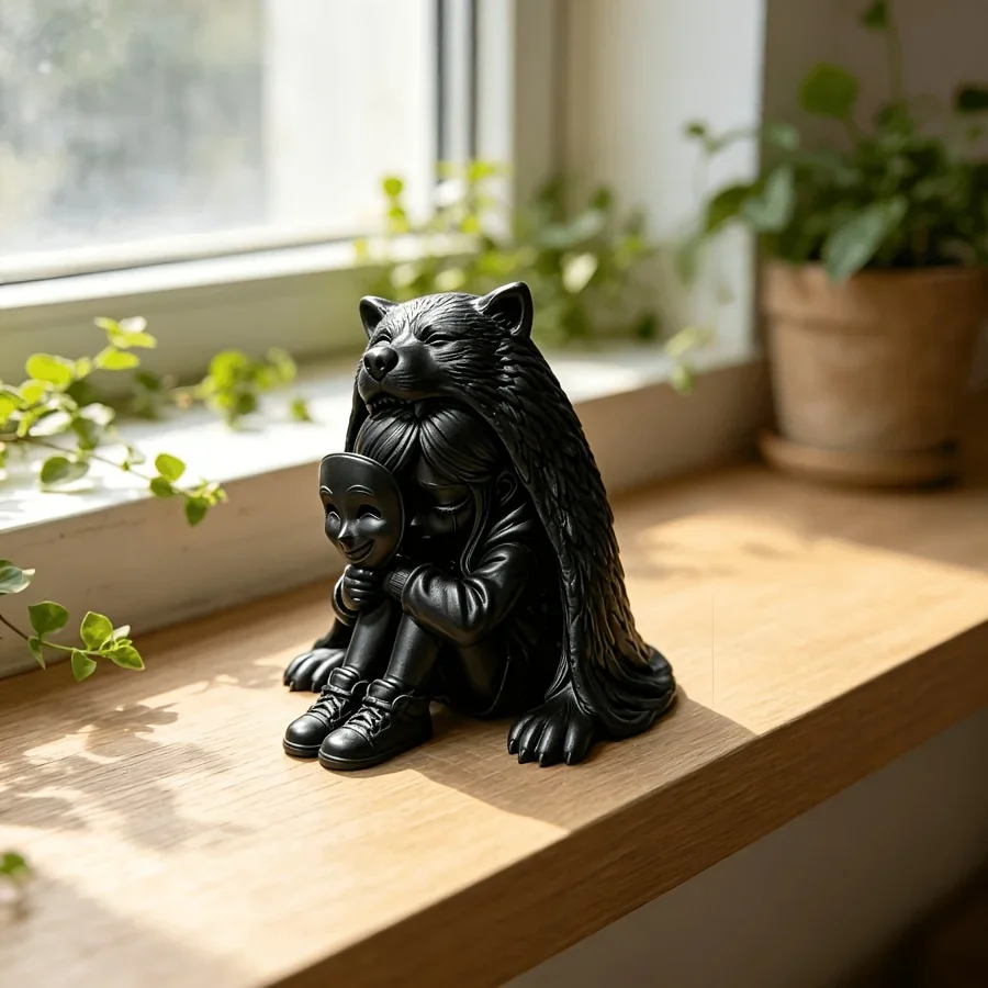 Mysterious Wolf Cloak Girl Sculpture 3D Printed Mini Mask Girl Statue Desktop Ornament Diy Tabletop Figurine Gift for Art Lovers