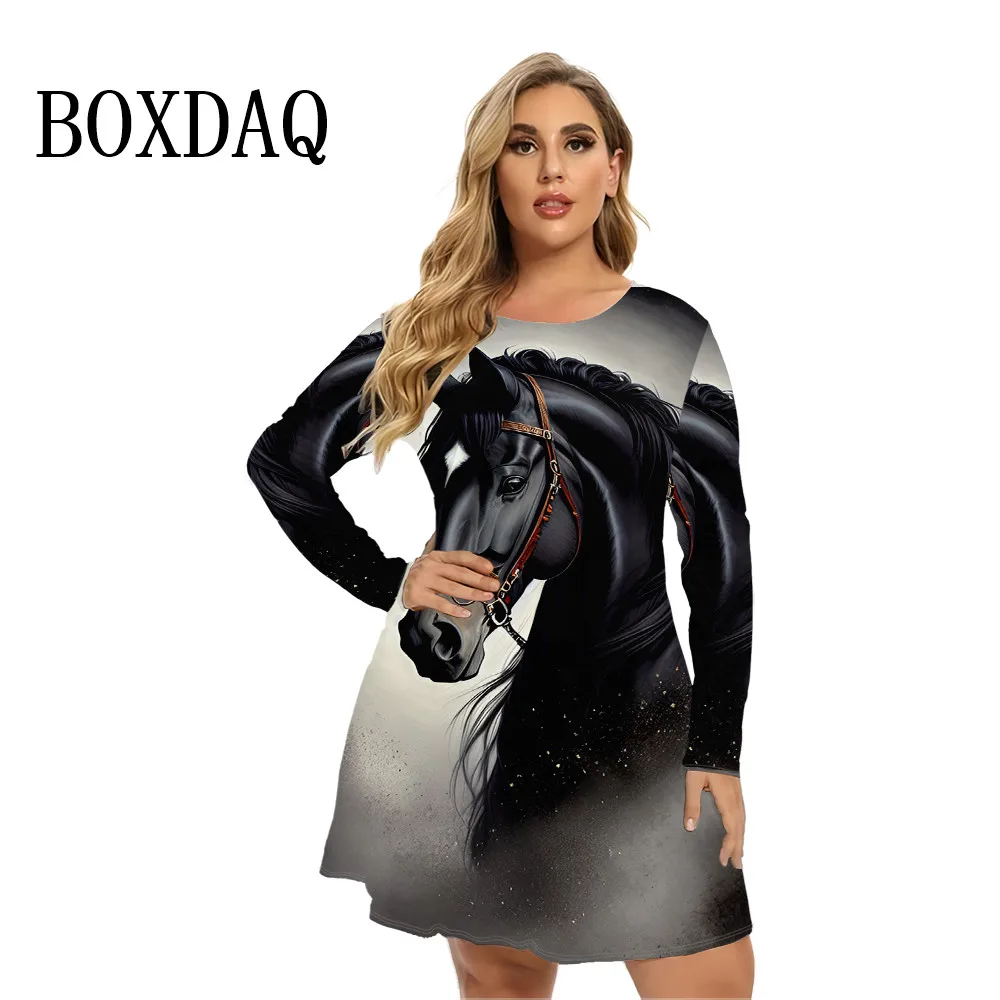 Vestido de manga comprida com estampa de cavalo 3D feminino, outono, inverno, roupas femininas casuais, vestidos largos, plus size, 9XL, moda