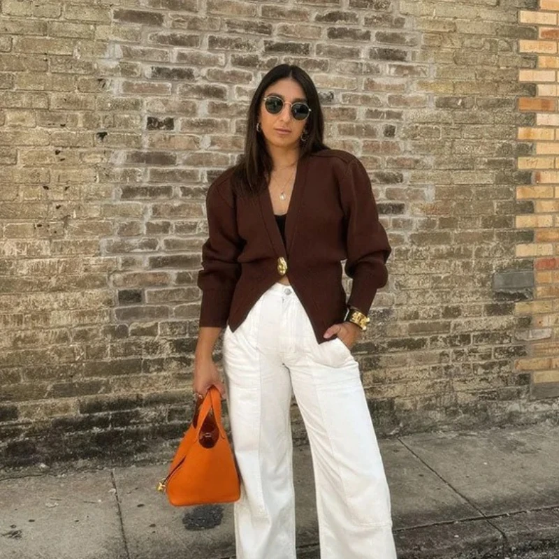 

Mingmingxi 2025 New Fashion V-Neck Button-Up Knit Cardigan for Women‌ Soft Chunky Knitwear Chic Office Spring Open Front Sweater