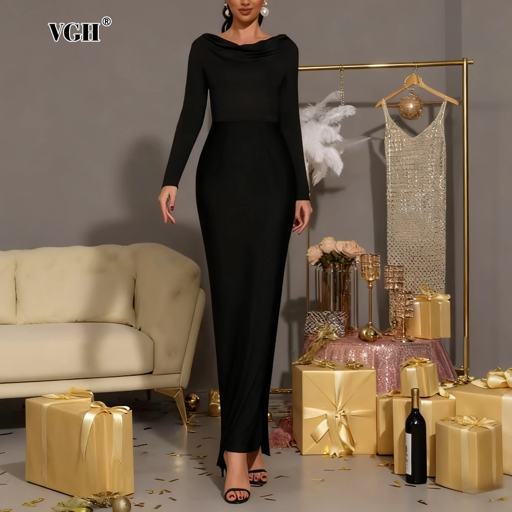 VGH Sexy Tmeperament Black Color Bodycon Dress for Women O Neck Long Sleeve High Waist Slimming Party Maxi Dresses Female Autumn