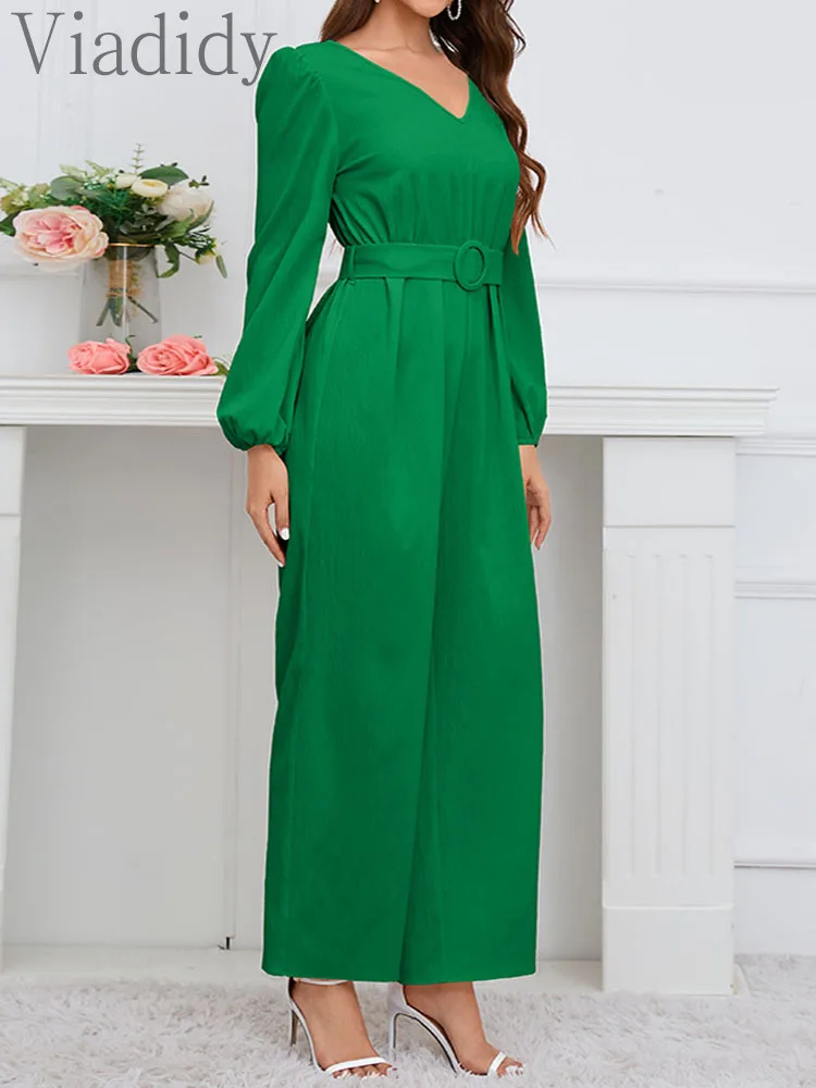 Office Lady Solid Color V-Neck Long Sleeve Straight Jumpsuit With Belt