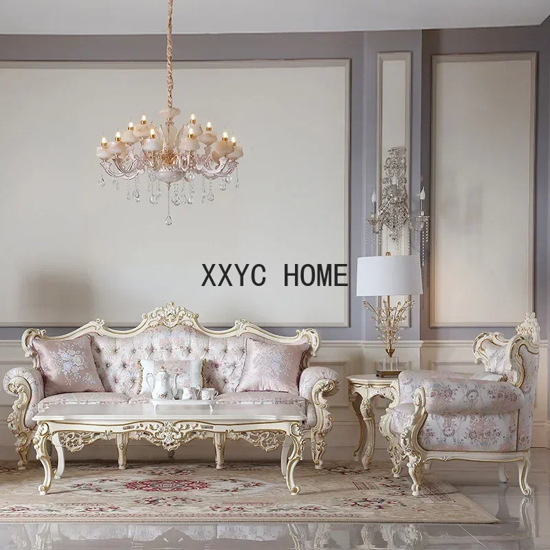 

French palace furniture European cloth sofa solid wood carved and painted 123 retro sofa