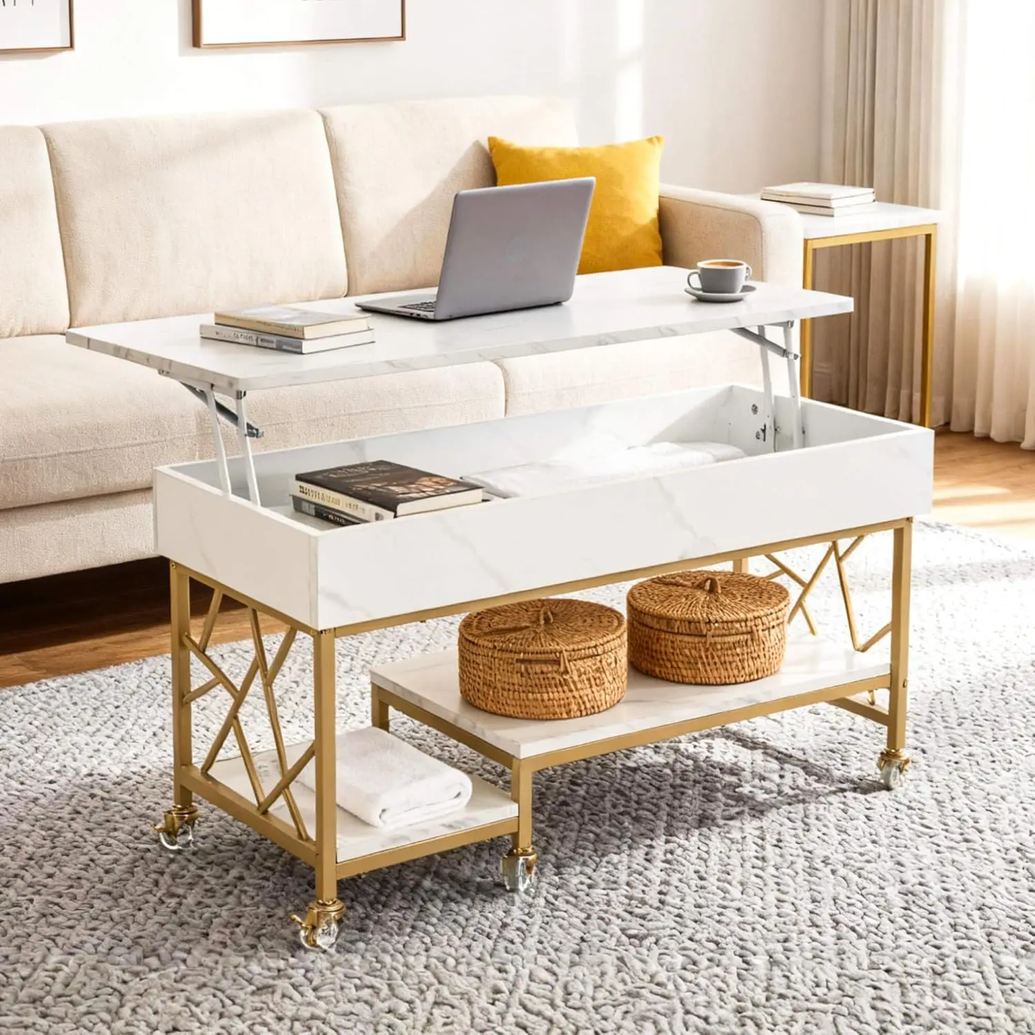 

Lift Top Coffee Table With Storage, Modern Center Table With Lockable Crystal Wheels And Hidden Compartment For Living Room Home