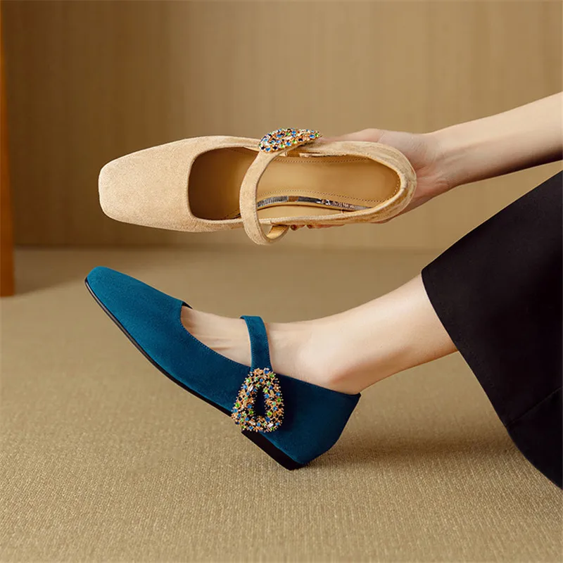New Spring/summer Sheep Suede Square Toe Mary Jane Shoes for Women Fashion Shoes Chunky Heels Women Pumps Internal Elevation