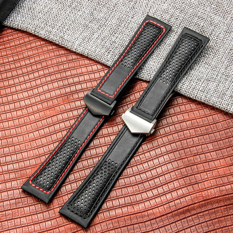 22mm original sem costura montagem interface plana pulseiras para tag heuer série super respirável pulseira de couro de vaca genuíno preto