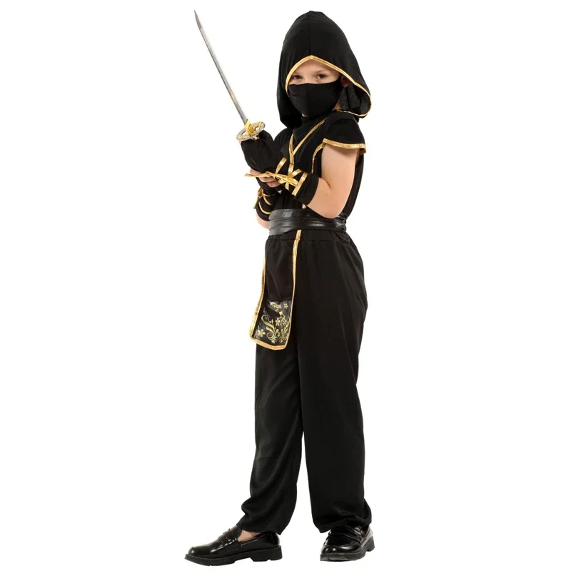 Terno japonês samurai infantil, preto e dourado, traje popular de Halloween, preto