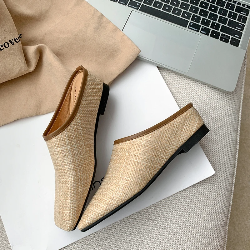 

Mules Women Woven Straw Closed Toe Slip On Summer Outdoor Fisherman Sandals Vintage Casual Slides