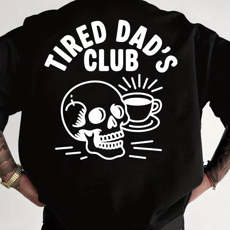 2026 Men's Fun Pattern T-shirt - _Exhausted Dad Club_ Back Printed Coffee Cup Skull Design - White Cotton Short Sleeved Shirt
