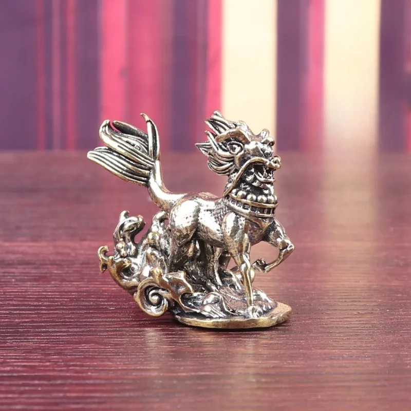 Vintage Brass Kylin Figurine Mini Chinese Qilin Statue On Cloud Base Desktop Ornament Retro Feng Shui Collectible Craft Gift