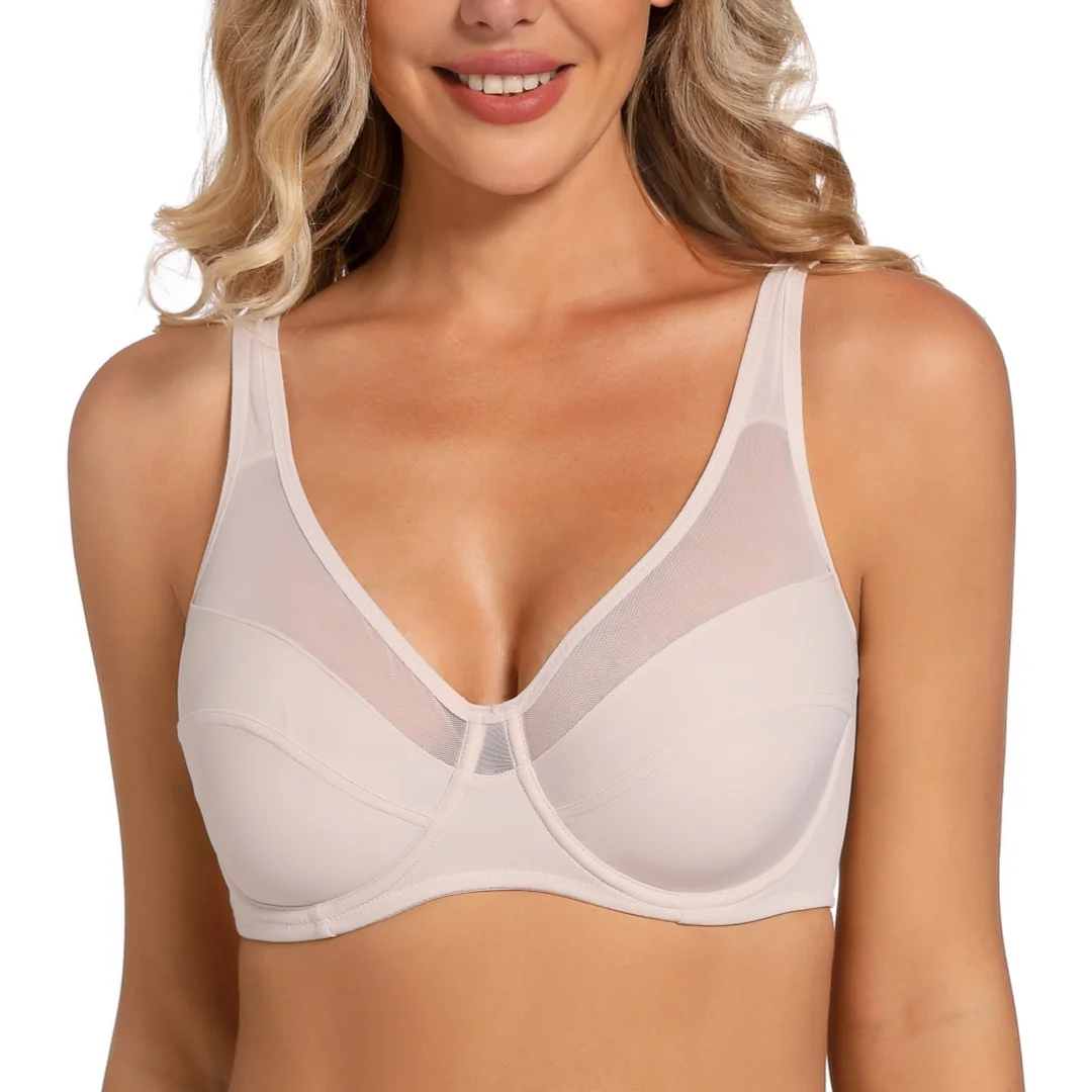 Transparent Thin Women's V-neck Full Coverage Non Padded Underwire Minimizer Bra 38-44 C D E F G