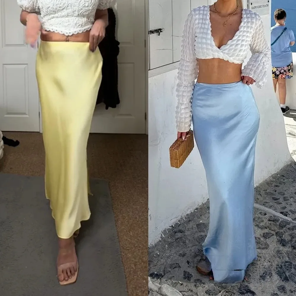 KONDALA Vintage schicke grüne Satinröcke, elastische Taille, gerade, lange Röcke, Mode, 2025, Sommer, Strandurlaub, Röcke