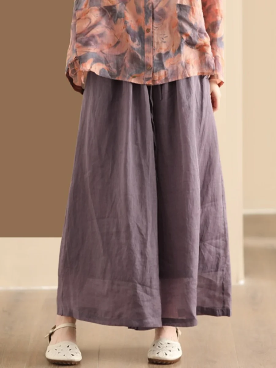 Retro Cotton Linen Wide Leg Pants Women Loose Double Layer Inner Casual Pants Elastic Waist Skirt Pants Long Pants