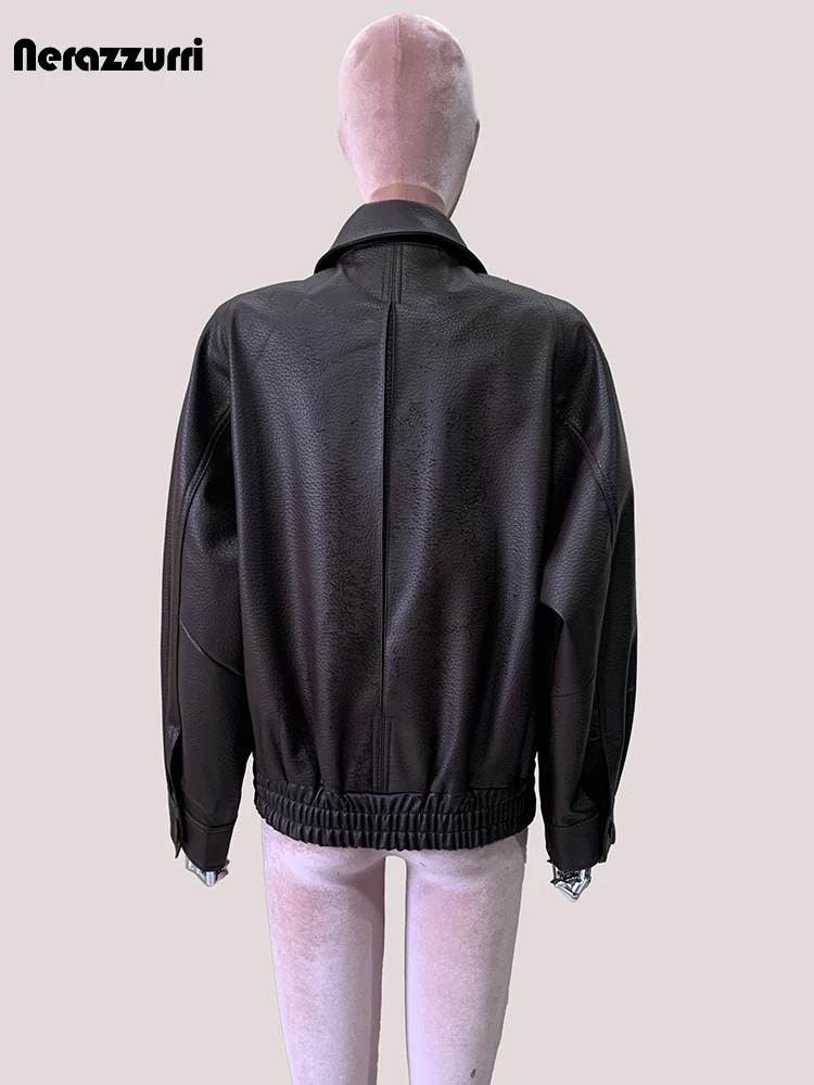 Lautaro primavera otoño corto suave marrón Pu chaqueta de cuero mujeres solapa pico doble botonadura elegante ropa de lujo