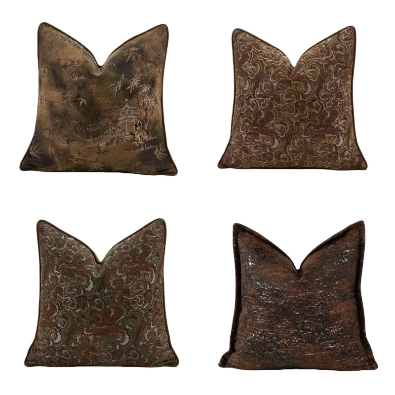 Retro Gold Brown Pillows Chinese Bamboo Jacquard Cushion Case Luxury  Cloud Decorative Pillow Cover For Sofa Chair Home Decorate