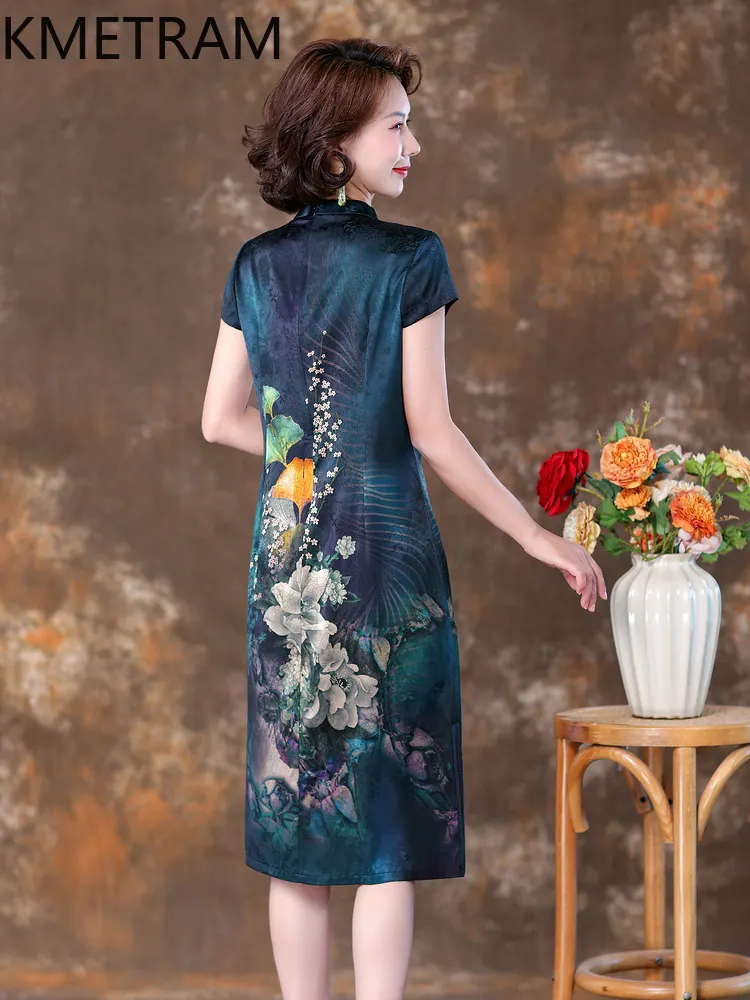 KMETRAM 91% Mulberry Silk Middle-aged Woman Dresses 2026 Summer New Chinese-style Floral-patterned Modified Cheongsam Ropa Mujer