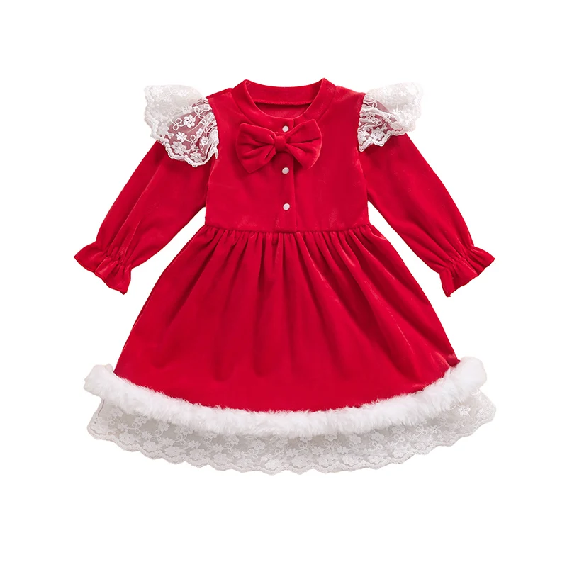 1-4 Years Little Girls Christmas Velvet Dress Lace Terry Trim Long Sleeve Bow Button-up Dresses Adorable Outfits