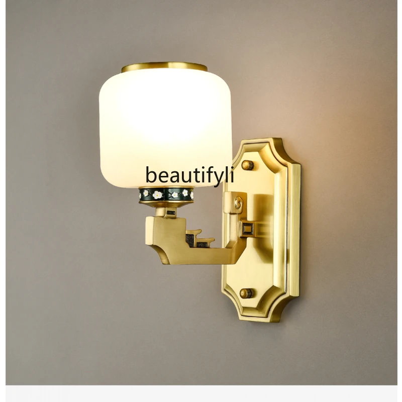 

yj New Chinese Style Wall Lamp Copper Chinese Style Enamel Wall Lamp Corridor Aisle Bedroom Bedside Lamp