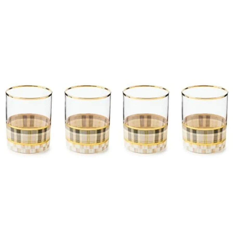 

Set of 4 Tumbler Glasses, Glass Drinkware with Gold Rims, 12 Ounces, Brown-and-White Tartan Mocha
