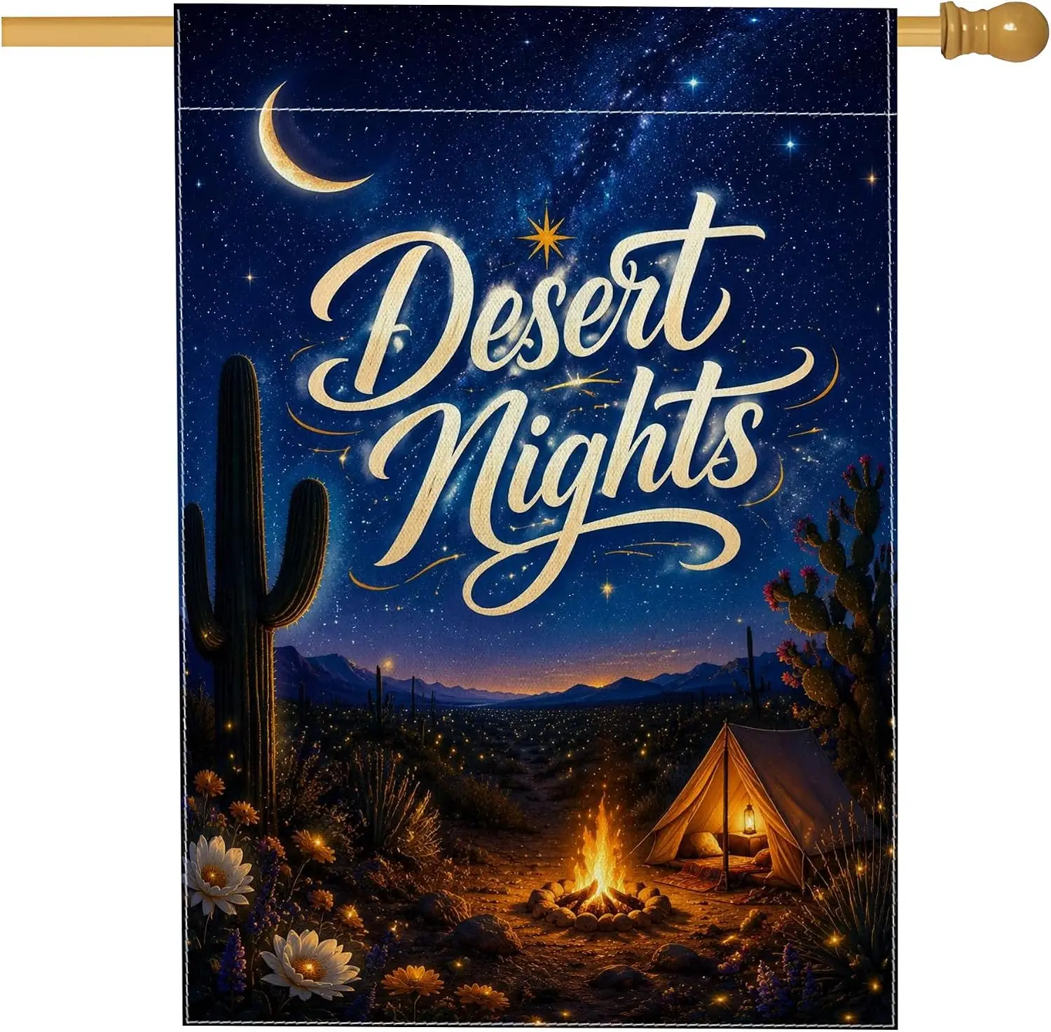 Cactus House Flag, Desert Night Tent Campfire Summer Blue Double Sided Burlap Outside Large Garden Flag for Outdoor Patio Ya yyi