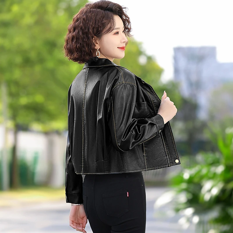 Jaqueta de couro fina feminina, gola alta, costura com zíper, casaco monocromático, roupas da moda