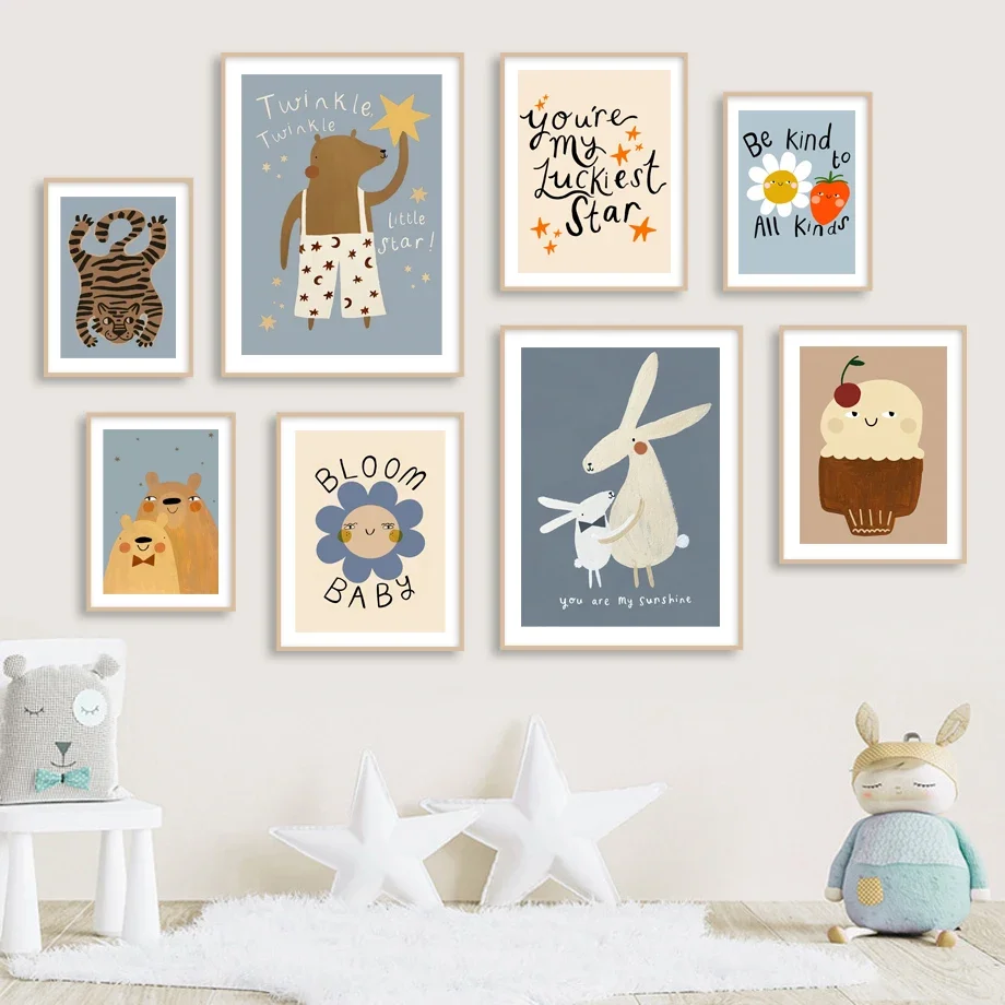 بوهو الكرتون الحيوان عباد الشمس جدار ملصق فني Kawaii الطفل الحضانة طباعة مضحك النمر الدب الأرنب تصميم قماش لديكور غرفة الأطفال