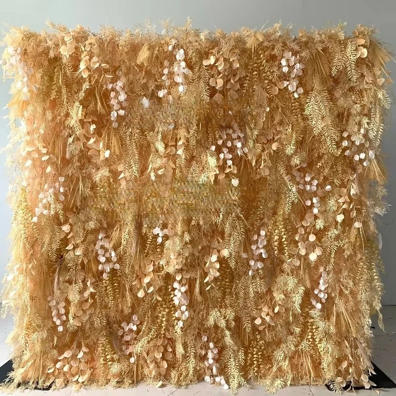 Wedding decoration rolled up luxury pampas leaf wall pink blue rayon rose wall background