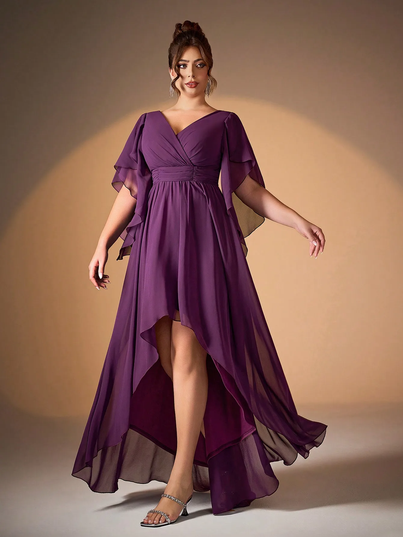 Mgiacyvネックパールシフォンイレギュラースリーブ、フロントが短く、バックが長い裾のハイエンドイブニングドレス