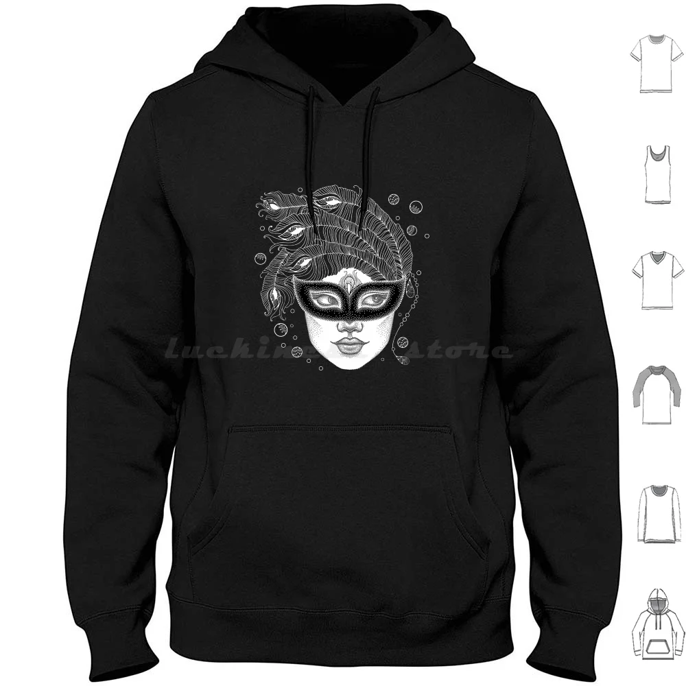 Dotwork Girl Face In Carnival Mask With Peacock Feathers And Beads. Hoodies Long Sleeve Mardi Gras Girl Face Beads