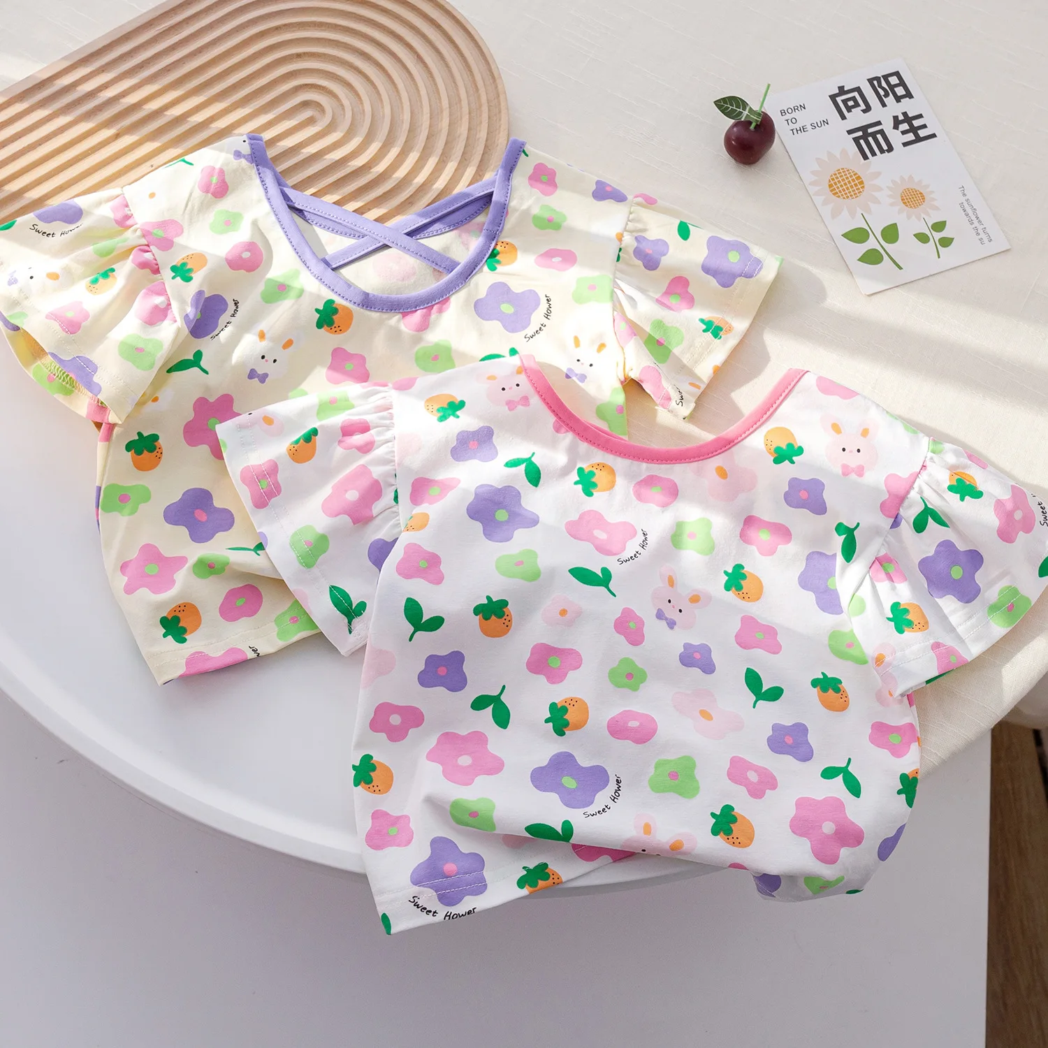 Girls Sweet Short Sleeve T-shirt Summer New Children's Backless Cute Print Top Korean Fashion Flying Sleeve Bottoming Tees