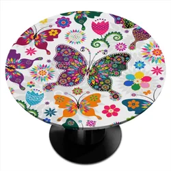 Colour Floral Butterfly Round Fitted Tablecloth Elastic Table Cover Waterproof Dining Table Cover for Indoor Outdoor Decor