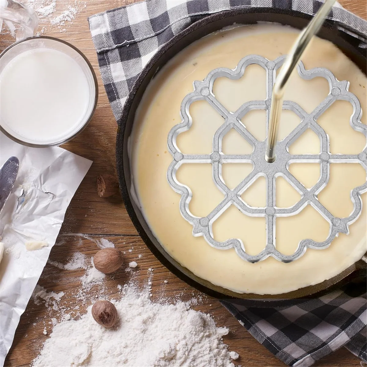 6 pezzi stampi in ferro per rosetta set stampo Bunuelos con manico kit per timbri da cucina formine per biscotti stampi per waffle in lega di alluminio