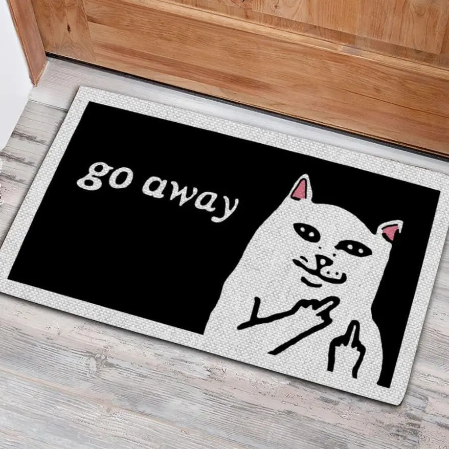 Divertidas esteras de bienvenida Go Away, felpudo para gato, felpudo de franela para puerta, felpudo antideslizante para amantes de los gatos, felpudo para el hogar, decoración de inauguración de la casa, regalo