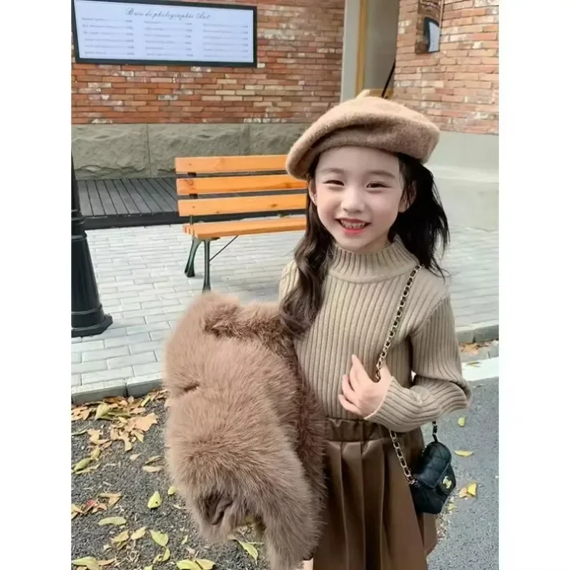 Kid Clothes Suit Korean Style The Girl Suit  Children  Fur Coat Coat Knitted Top Pleated Leather Fashion New Winter Skirt