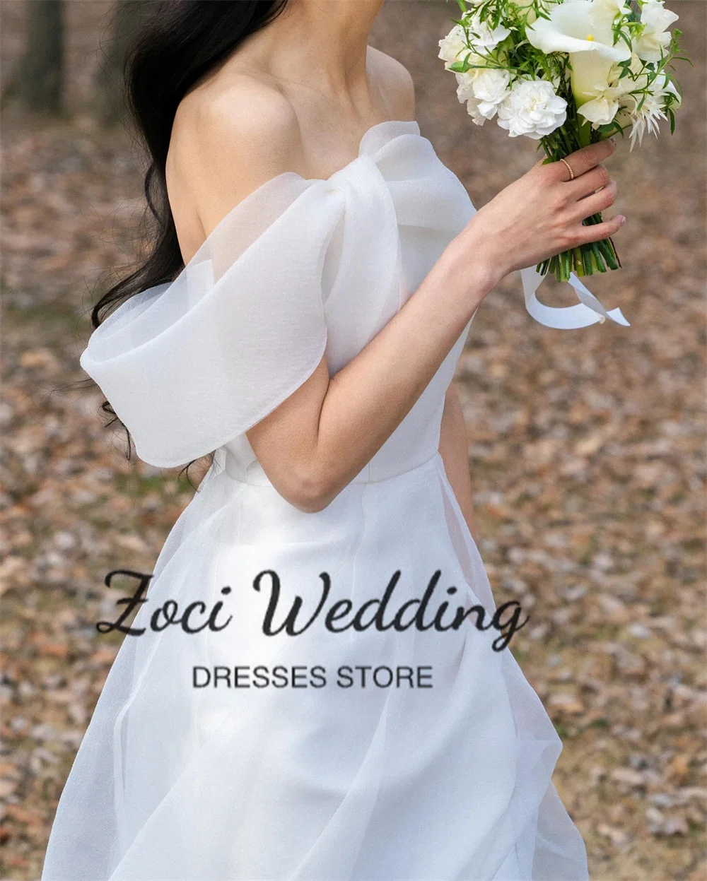 Zoci Elegantes schulterfreies Etui-Korea-Hochzeitskleid für Fotoshooting, Organza, rückenfrei, Boden-Brautkleid, individuelles Braut-Partykleid