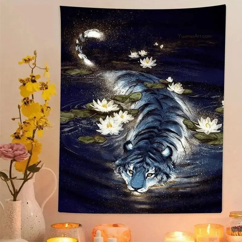 VIKAMA Tiger Water Lilies Wall Tapestry Night Lake Animal Background Cloth Bedroom Dormitory Living Room Aesthetic Wall Decor