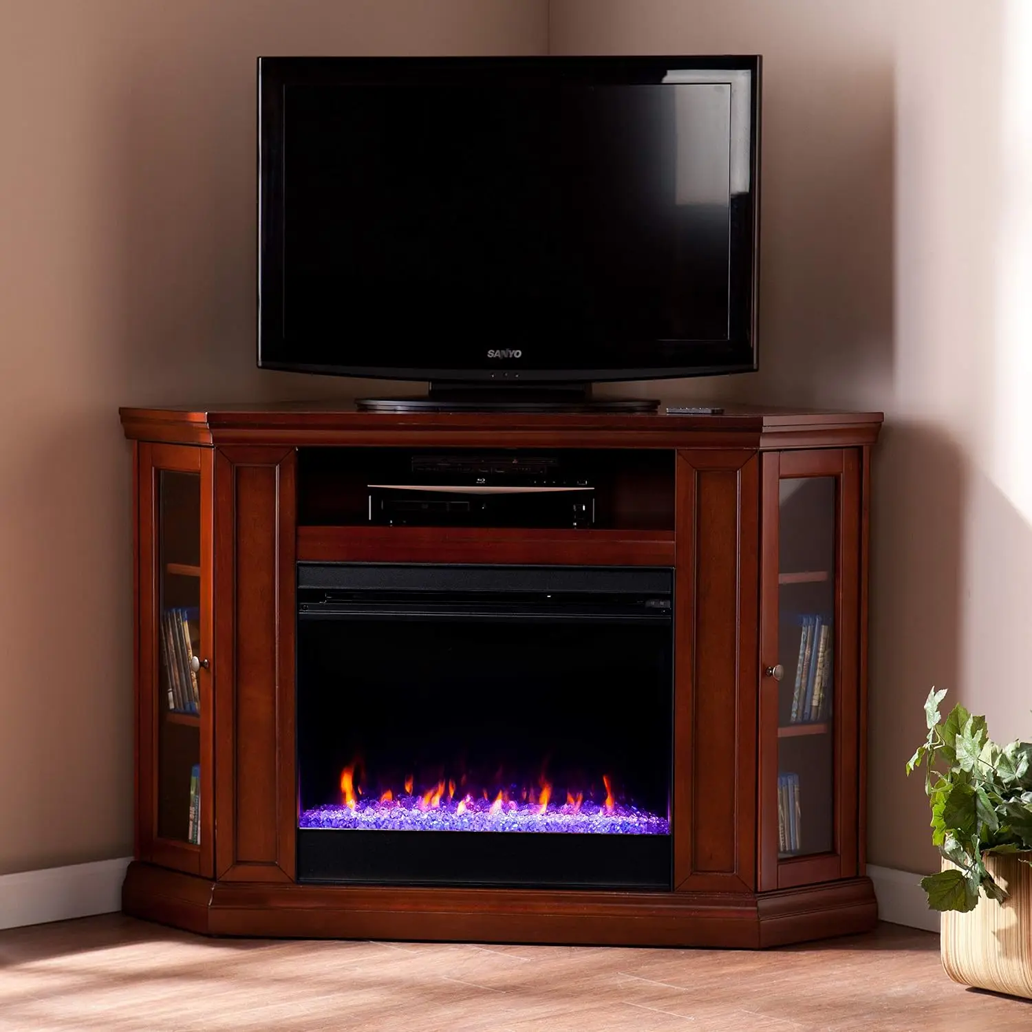 Claremont Convertible Color Changing Electric Storage Corner Fireplace, Brown Mahogany