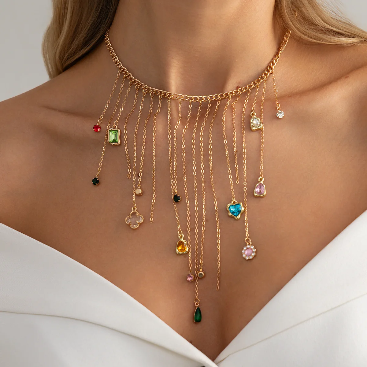 Colorful Gem Tassel Choker with Heart Pendant French Style Crystal Beads Lightweight Durable Stackable Necklace Gift for Women