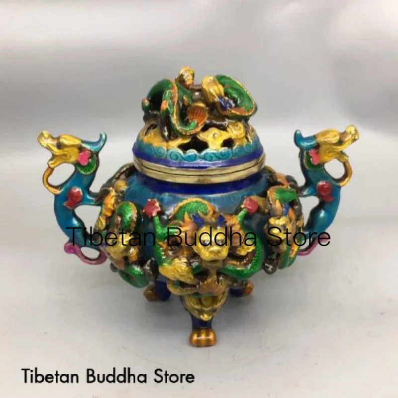 Enamel colored hollowed out two dragons playing with beads incense burner