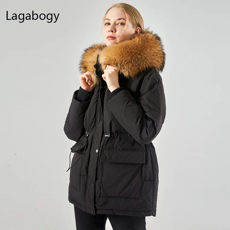 

Large Real Raccoon Fur Winter Women 2023 90%White Duck Down Jacket Female Thick Warm Hooded Parka Loose Waist Snow Coat