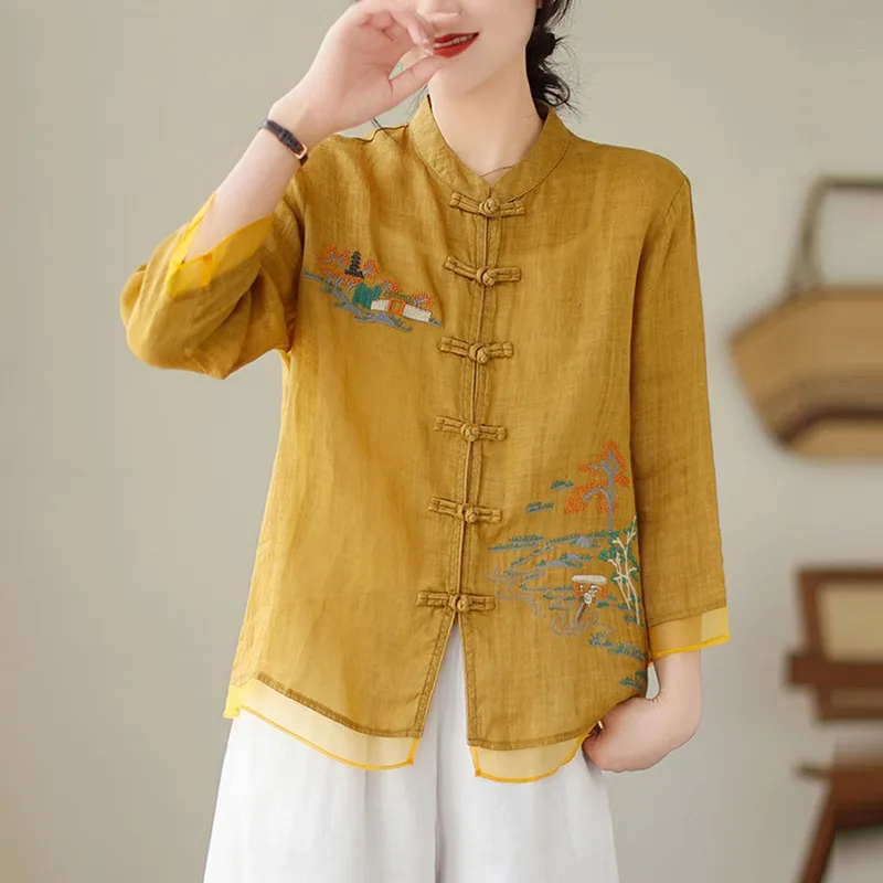 Women Casual Shirt New Arrival 2024 Summer Chinese Style Vintage Embroidery Loose Comfortable Female Basics Tops Shirts B3709