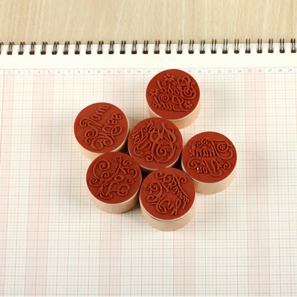 

6Pcs Wooden Diary Stamp Set Natural Wood Rubber DIY Notebook Card Craft Stamps Vintage Phrase Patterns Wood Color 3x3x25cm
